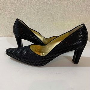 St. John Vintage Black Satin Shimmery Pointed Toe Heels